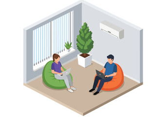 An isometric vector illustration depicting a man and woman working on laptops on colorful beanbags in a modern workspace with vertical blinds, air conditioning, and indoor plants