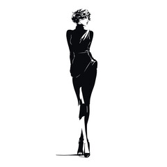 Minimalist fashion silhouette of a stylish woman with short wavy hair in a fitted dress and heels, ideal for branding, editorials, and modern design concepts