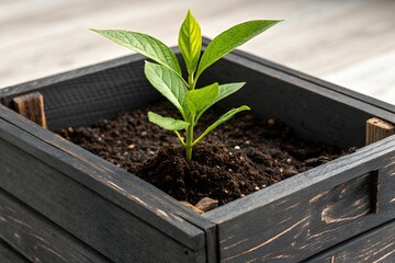 Young plant growing in a square wooden planter box