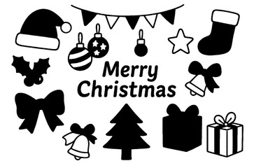 Christmas Holiday Icon Set with Decorations, Gifts, Tree, and Merry Christmas Text – Black Silhouette Design