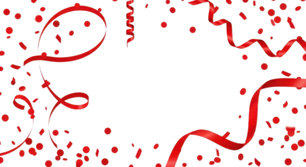 Festive red ribbons and confetti on black background for celebrations and events