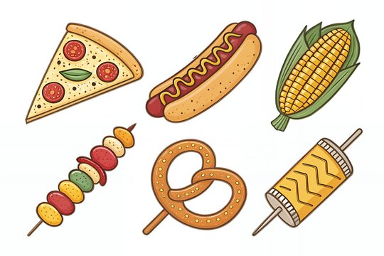 Assortment of delicious hand drawn fast food and snacks - Powered by Adobe
