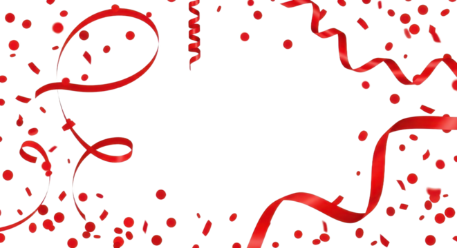 Festive red ribbons and confetti on black background for celebrations and events