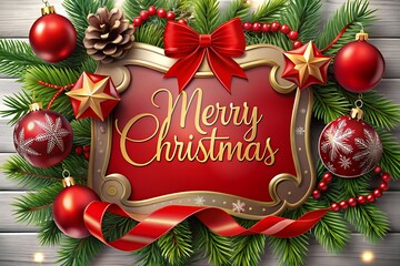 Festive merry christmas wreath with ornaments and pinecones