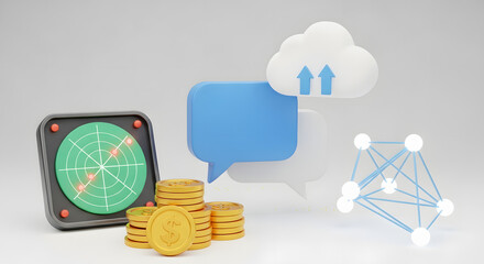 Digital Finance and Technology Concept with Radar Coins Cloud and Network.