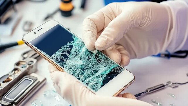 A person holding a broken cell phone with a cracked screen