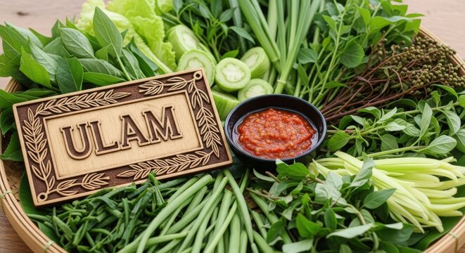 Fresh Bruneian Ulam &ndash; Vibrant Rainforest Herbs & Vegetables with Sambal in Woven Sago Basket, Rattan 'ULAM' Plaque, Fern Shoot & Mangrove Leaf Motifs 