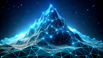 Abstract mountain landscape with glowing network connections a futuristic digital illustration for technology and science concepts on a dark blue background