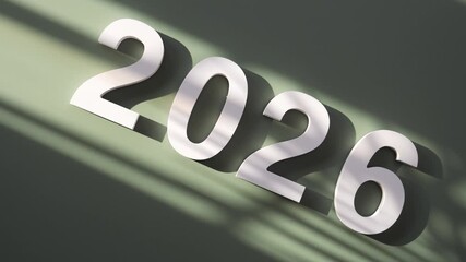 white number of New Year 2026 on green background, with soft window light and the swaying leaves shadow. backdrop for Happy New Year 2026 greeting background theme, celebration, invitation and festive