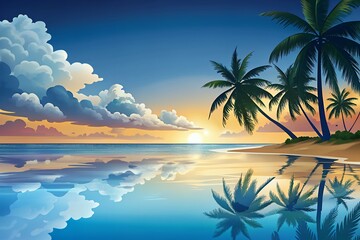Vibrant tropical beach sunset with palm trees and reflective ocean