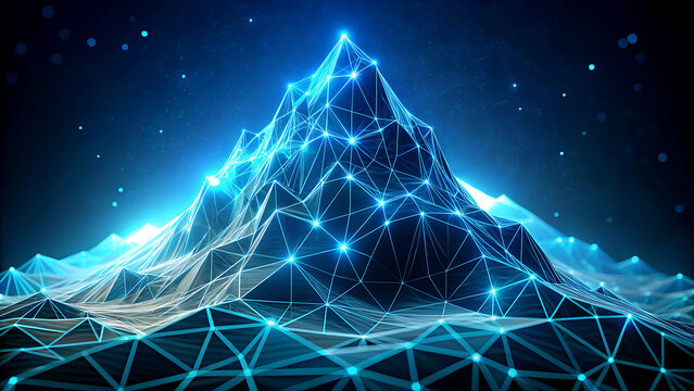 Abstract mountain landscape with glowing network connections a futuristic digital illustration for technology and science concepts on a dark blue background