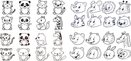Hand Drawn Animal Faces Line Art Mega Set Black and White