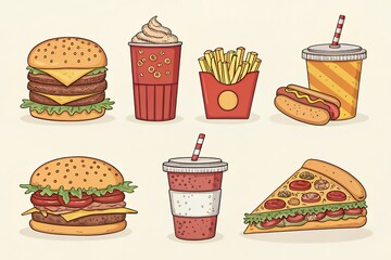 Hand drawn fast food collection with burgers drinks fries hot dog and pizza