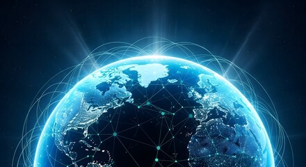 Glowing earth with digital network overlay and luminous rays of light