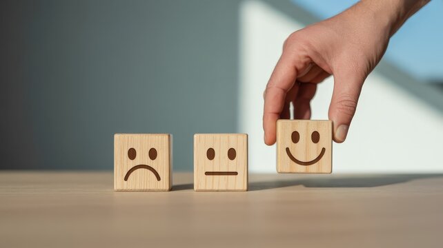 Hand selecting a positive emotion wooden block from a sequence of sentiment options