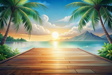 Tropical paradise sunset over the ocean with palm trees and dock