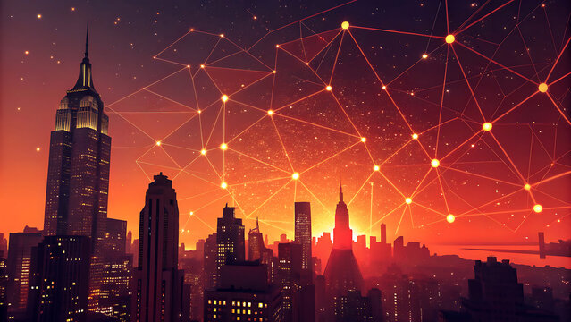 New York City skyline with glowing network connections representing global communication and technology perfect for illustrating connectivity and modern infrastructure