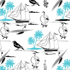 Summer tropical island seamless pattern. Vacation background design with landscape, palm trees, mountain, ocean and sailboat
