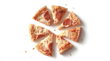 Group of six triangular slices of pizza arranged in a circular pattern on a white background.