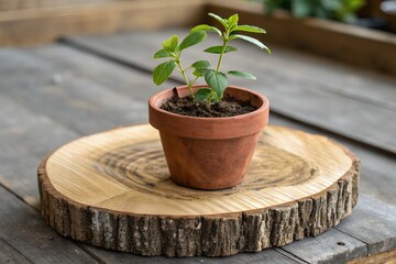 Small green plant in terracotta pot on rustic wood slice