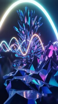 Abstract pulsating digital background featuring oscillating waves of brilliant neon spectrum light shifting through a holographic crystalline structure motion graphic, energy flow, synthwave