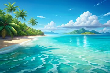 Tropical paradise beach with turquoise ocean and lush green island