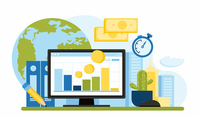 Passive income. Global statistics and data analysis for business investments. Financial statistics, calculations, and basic analysis are displayed on a computer monitor. Flat-style illustration