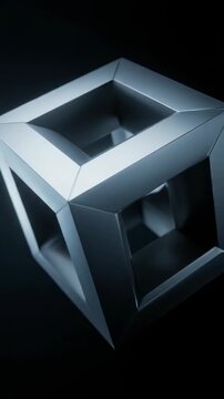 Abstract rendering of an impossible geometric cube shape rotating slowly against a dark, muted background creating a spatial paradox illusion minimalist, cube, muted