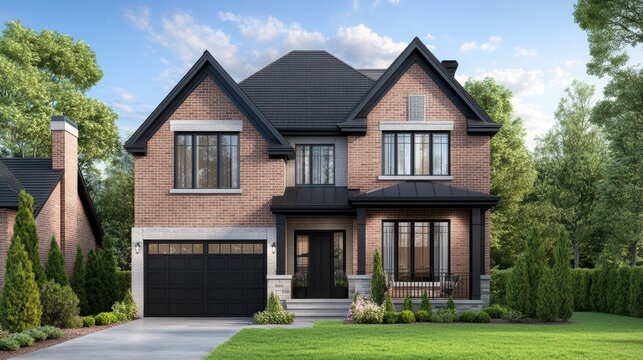 Modern Architectural Gem: A striking modern residential home with a brick exterior stands majestically. The sleek design, coupled with lush landscaping.