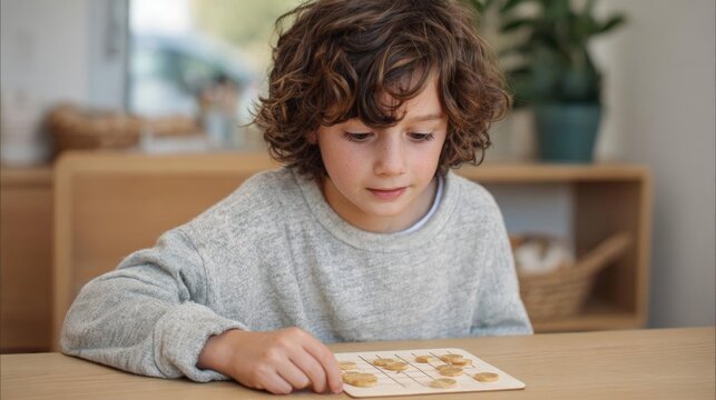 Young boy with curly brown hair sitting at a wooden table. he is wearing a grey sweatshirt and appears to be focused on playing a board game.