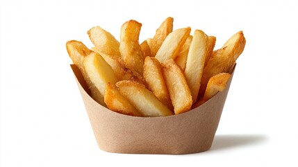 Warm, crunchy fast-food fries presentation on a clean white backdrop.