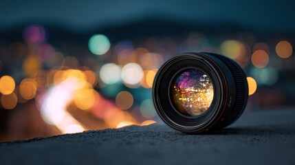 Camera lens rests on rough surface against city bokeh lights.