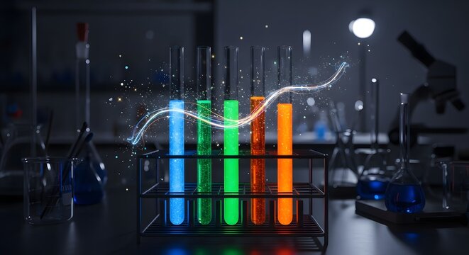 Laboratory Test Tubes with Colorful Liquids and Glowing Data Graph science research