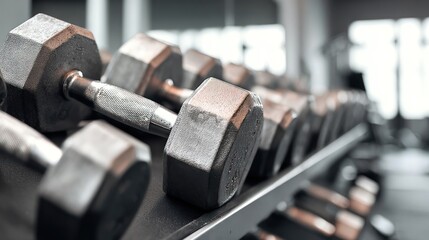 Row of metal dumbbells resting on a rack in a gym.