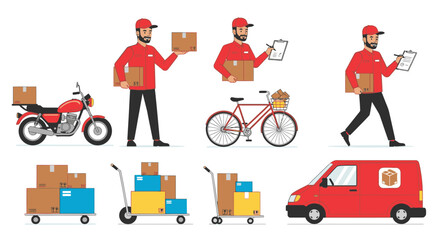 Seamless delivery services with a smiling courier, ready to ship packages by van, motorcycle, or bicycle for fast, eco-friendly options and happy customers
