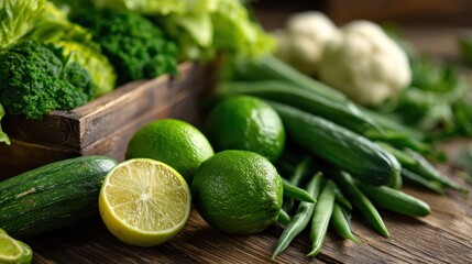 Fresh green vegetables and limes arranged on a rustic wooden surface.