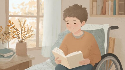 Young boy sitting in a wheelchair and reading a book. he is wearing a brown sweater and blue jeans. the room has a window with white curtains and a bookshelf on the right side.