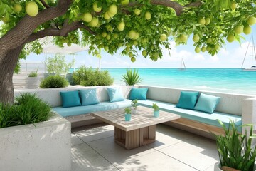 Obraz premium Tranquil Terrace Overlooking the Sea: A serene outdoor living space featuring a comfortable seating area, surrounded by lush greenery, and offering a breathtaking view of the sparkling sea.