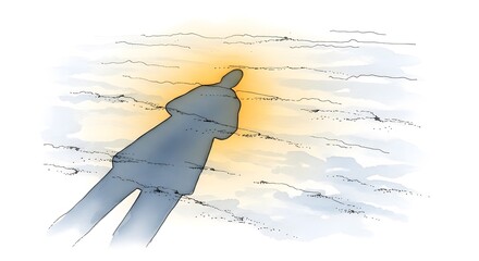silhouette of a person walking towards bright golden light on snowy ground for spiritual blogs, personal journey, winter solstice, and motivational posts, with copy space
