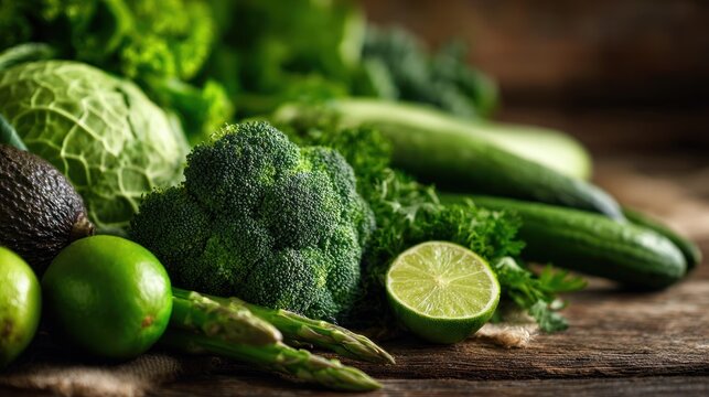 Fresh green vegetables and citrus fruits arranged on a dark wooden surface.