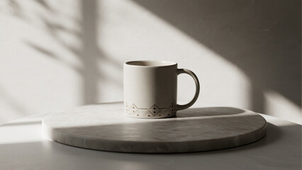 Ceramic Mug on Marble Stand with Geometric Design and Shadow in Light Beige