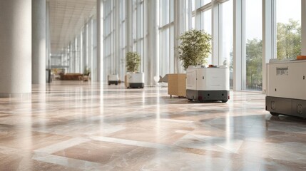Large room with a high ceiling and large windows that offer a view of the trees outside. the floor is made of light-colored tiles with a geometric pattern.