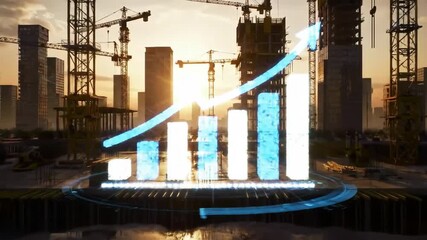 Construction site shows economic growth, rising graph, sunset backdrop, for finance or investment content - Powered by Adobe