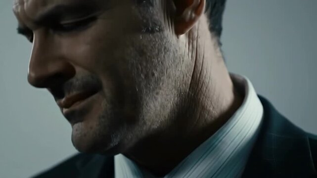 Close-up of businessman in suit, speaking, with blurred background; for corporate images