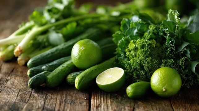Fresh green vegetables and limes on a rustic wooden surface.