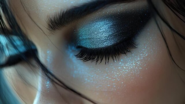 Close-up shot of a woman's face with striking blue eyes, great for beauty or portrait use
