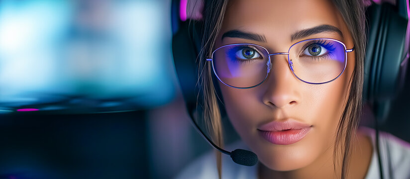 Close-up of a gamer girl in glasses and a headset, illuminated by neon light, creating an intense esports and focused gaming atmosphere.