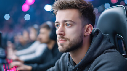 Close-up of an esports player wearing headphones and headset. Emotions during a gaming tournament, team competition and focus.