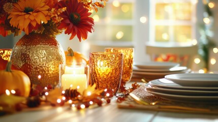 Thanksgiving Table Setting: A festive and inviting table setting with autumnal decor, perfect for celebrating Thanksgiving or any fall gathering. It creates a warm, inviting atmosphere with candles.