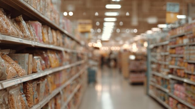 The interior of a grocery store aisle. the aisle is long and narrow, with rows of shelves on either side. the shelves are filled with various types of food items such as snacks, drinks, and beverages.